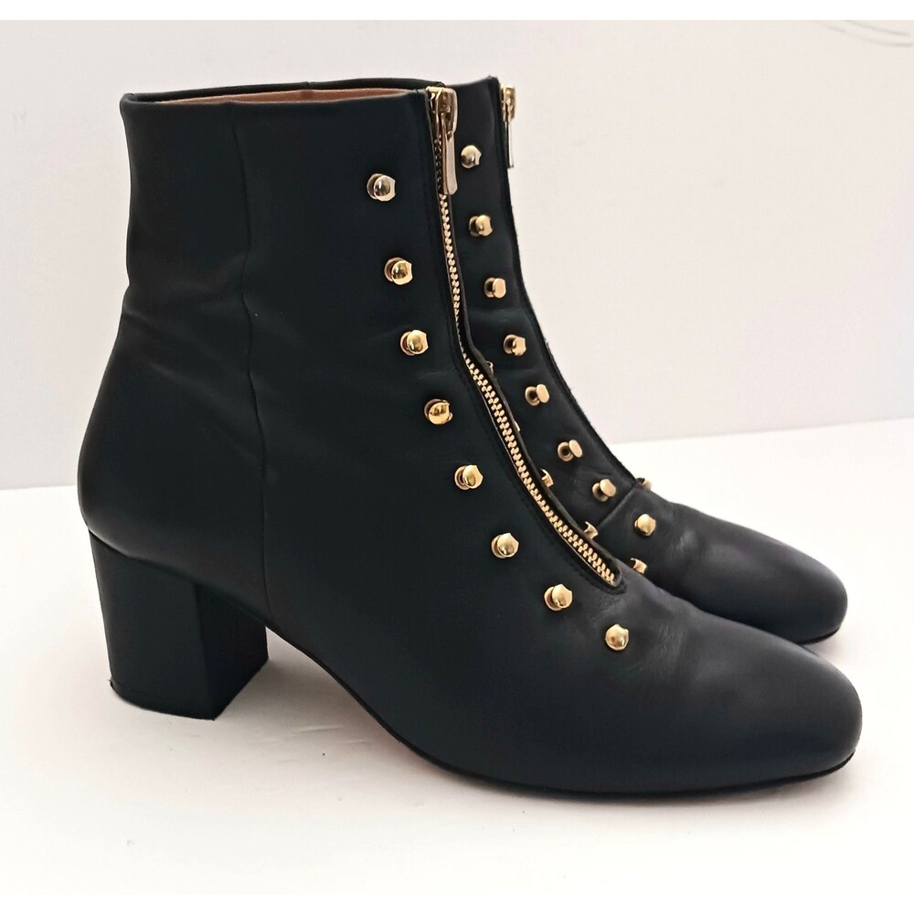 An Hour and A Shower Blk Leather Bootie Gold Studs Zipper Block Heel 40 US 9 - Picture 11 of 11
